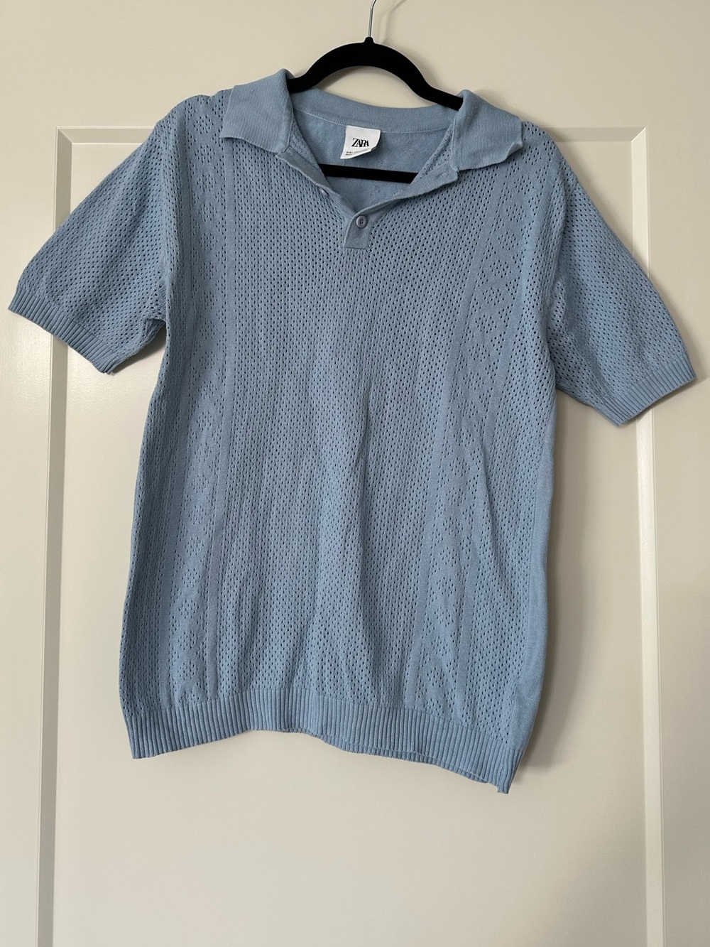 Zara Pale Blue Knit Short-Sleeve Polo